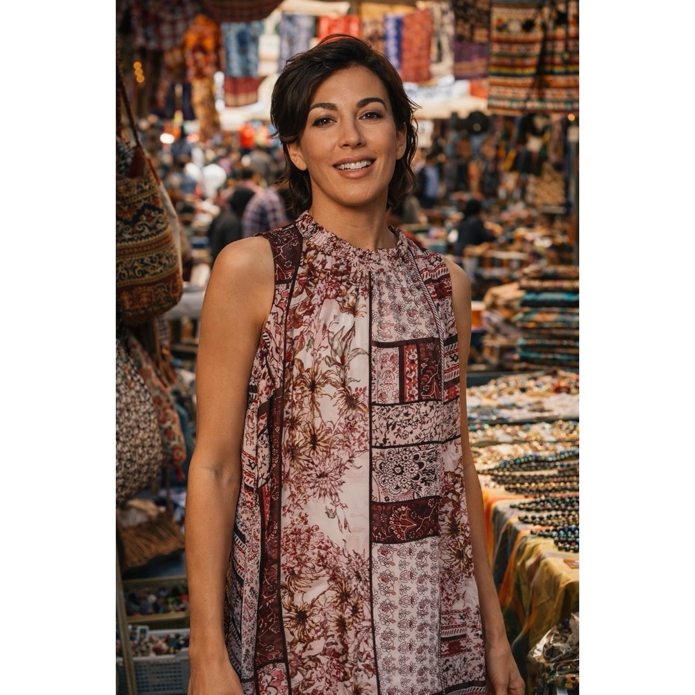 Beige by ECIsz L  Boho Patchwork Floral Sleeveless Smock Neck Midi Dress Aline